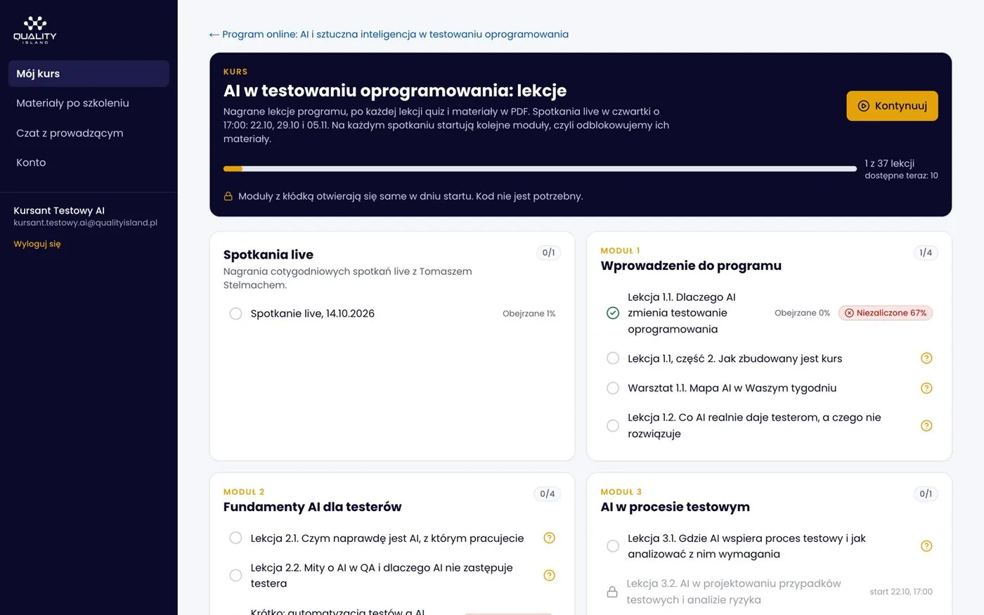 Widok kursu: moduły, lekcje i postęp