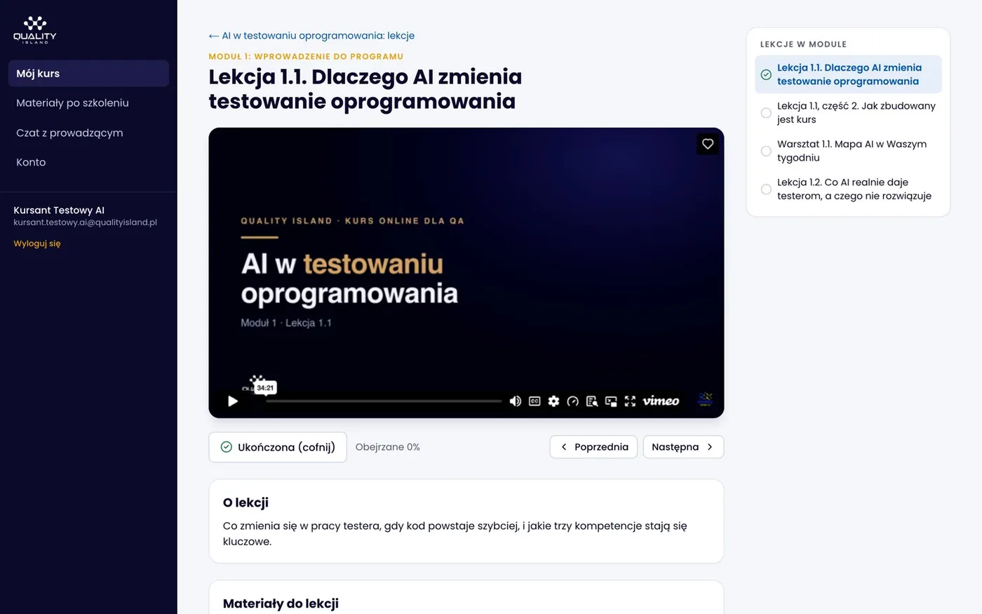 Lekcja na platformie: odtwarzacz nagrania, opis, lista lekcji w module