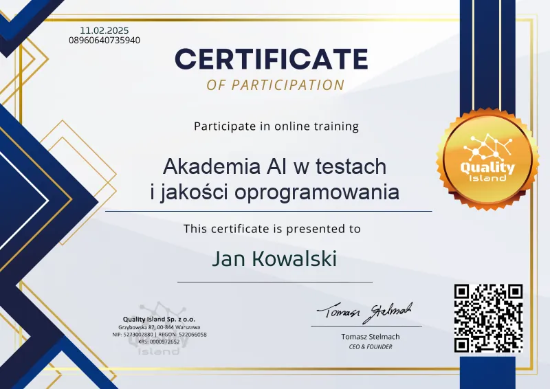 Przykładowy certyfikat Akademii AI w testach i jakości oprogramowania wystawiony przez platformę Sertifier, z kodem QR do weryfikacji