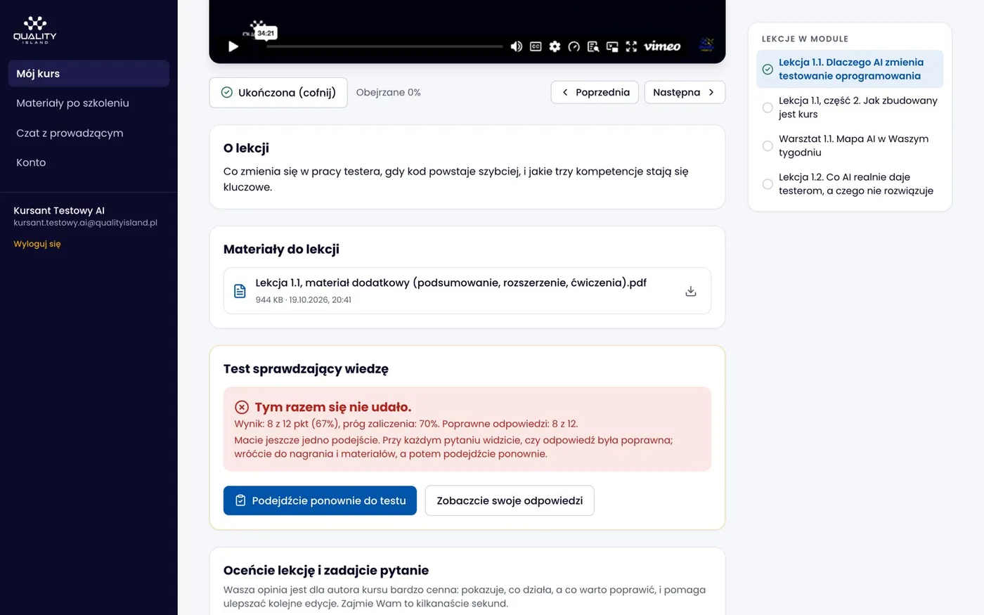 Test sprawdzający wiedzę po lekcji z wynikiem i progiem zaliczenia