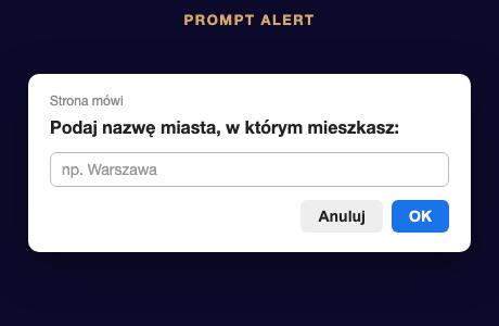 Prompt Alert, pole tekstowe z przyciskami OK i Anuluj