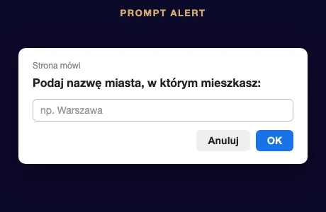 Prompt Alert: pole tekstowe z przyciskami OK i Anuluj