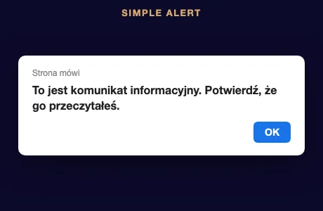 Simple Alert w Selenium: komunikat z jednym przyciskiem OK